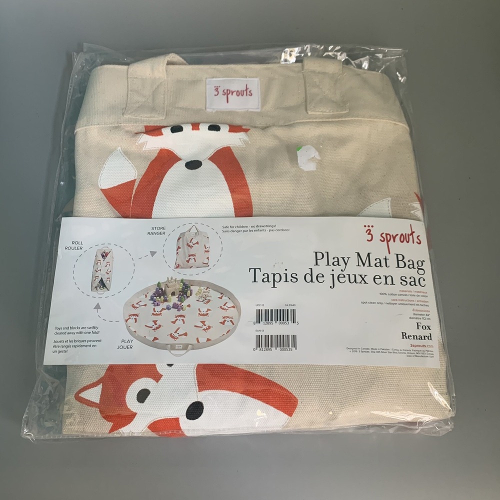 3 Sprouts Fox Play Mat Bag Cotton Canvas Toy Storage Organizer Cream Orange NEW
